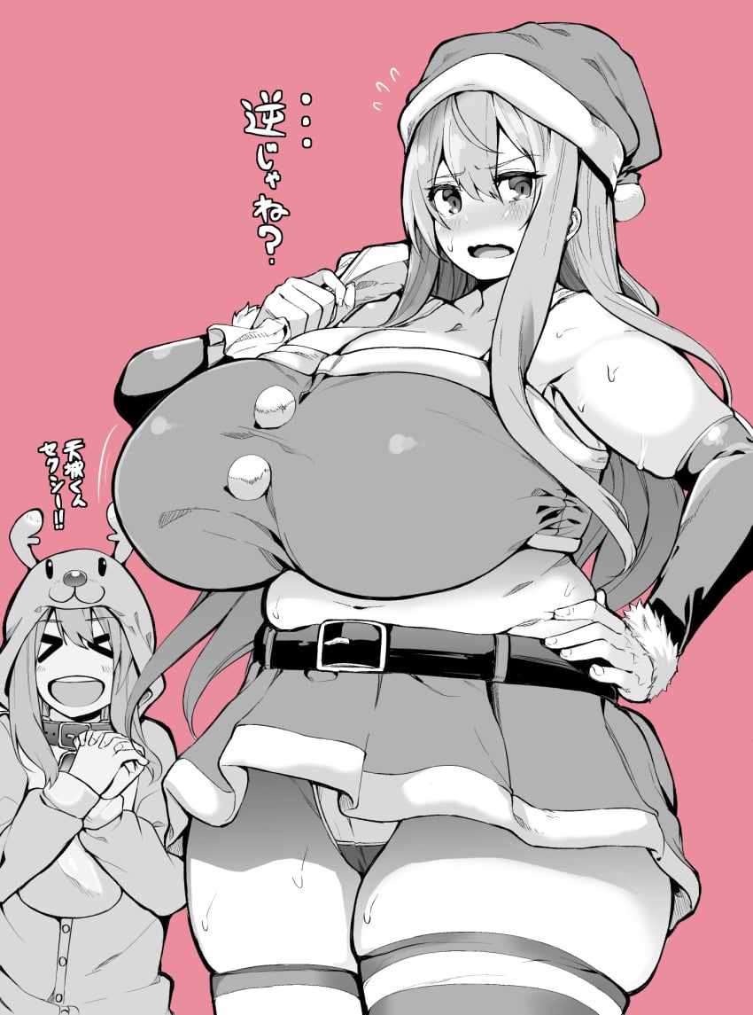 2019 2girls absurd_res bbw belly breasts christmas chubby chubby_female cup-chan curvaceous curvy elbow_gloves female_focus female_only hand_on_hip huge_breasts japanese_text kodama_amagi_(cup-chan) long_hair panties pink_background reindeer_costume santa_costume santa_hat simple_background sweat sweatdrop text thick_thighs thighhighs thighs underwear upskirt voluptuous