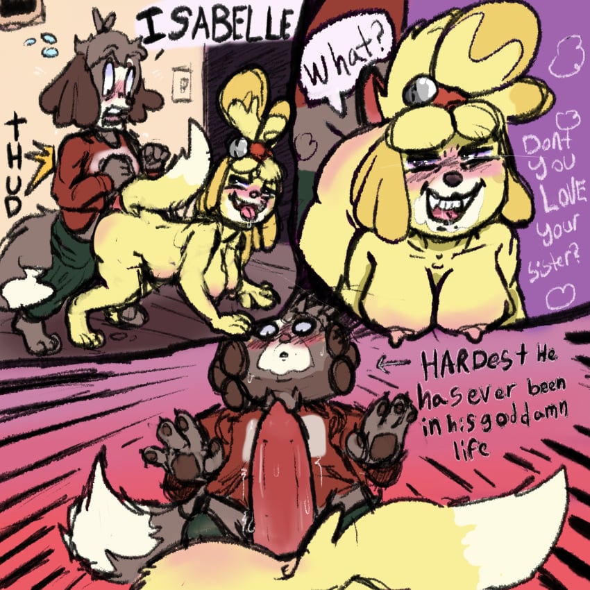 animal_crossing animal_genitalia animal_penis anthro breasts canid canine canine_genitalia canine_penis canis clothed clothing comic digby_(animal_crossing) domestic_dog duo female foxvomitarts genitals hi_res incest isabelle_(animal_crossing) male male/female mammal nintendo nude partially_clothed penis