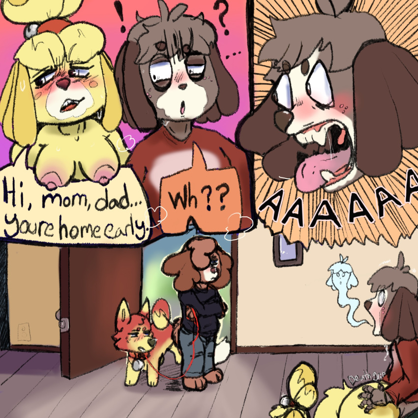 animal_crossing anthro breasts brother brother_and_sister canid canine canis caught caught_while_cumming collar comic digby_(animal_crossing) domestic_dog duo female feral foxvomitarts hi_res incest isabelle_(animal_crossing) leash male male/female mammal naked nintendo nude nude_female sibling sister surprise