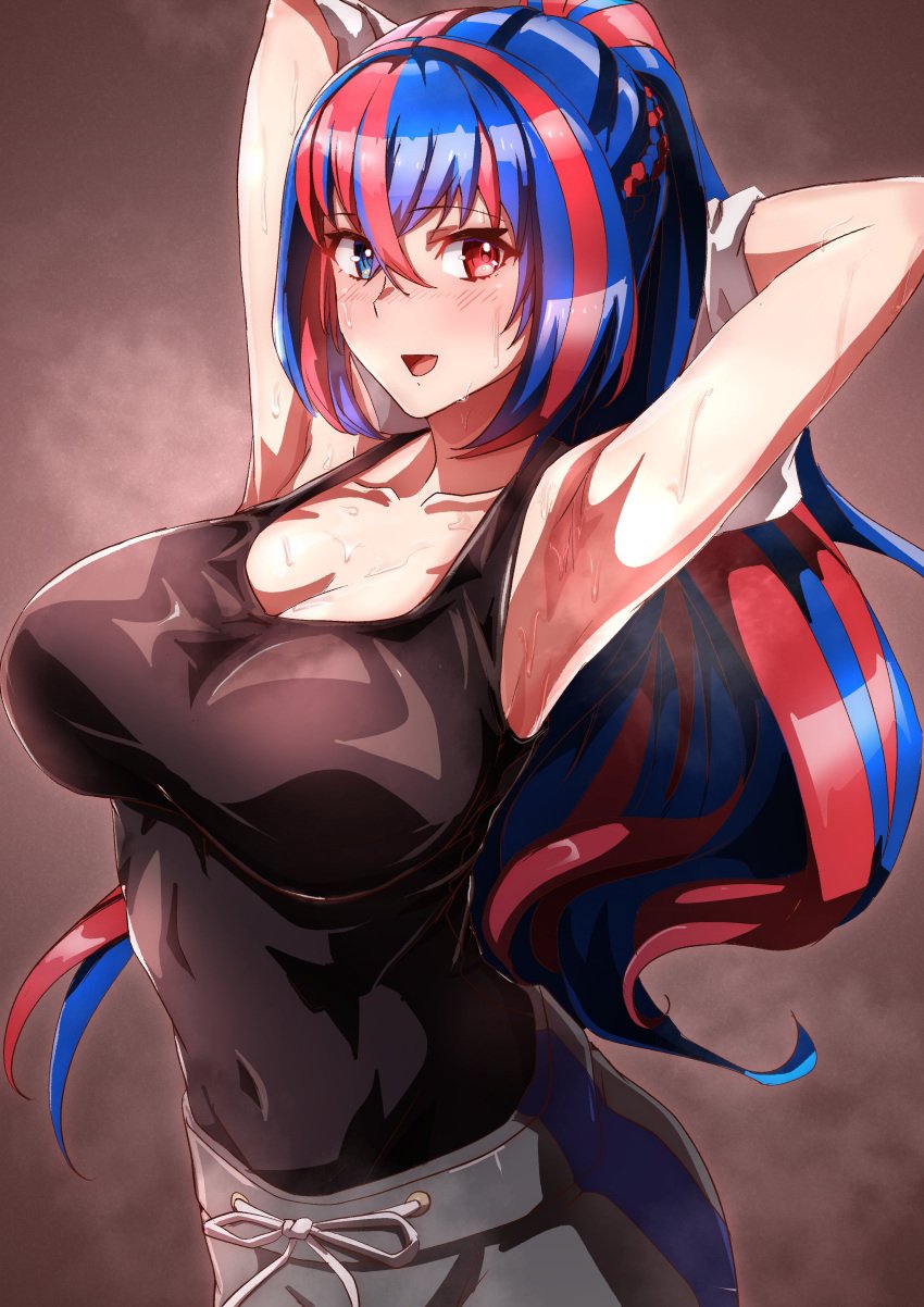 1girls absurdres alear_(female)_(fire_emblem) alear_(fire_emblem) alternate_costume alternate_hairstyle armpits arms_behind_head arms_up blue_eyes blue_hair blush braid breasts cleavage clothing female female_only fire_emblem fire_emblem_engage heterochromia highres large_breasts long_hair looking_at_viewer medium_breasts multicolored_hair nintendo official_alternate_hairstyle open_mouth pants ponytail red_eyes red_hair simple_background smile solo split-color_hair sweat sweat_stain sweatpants sweaty_body tank_top tied_hair to_(tototo_tk)