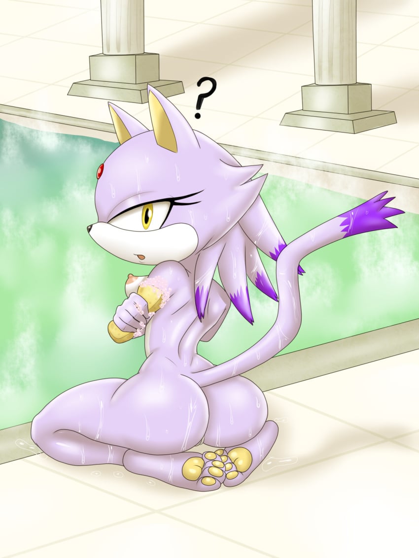 anthro ass big_butt biped blaze_the_cat breasts domestic_cat eyelashes felid feline felis female fur genitals hi_res kneeling looking_at_viewer looking_back looking_back_at_viewer lurking_tyger mammal nipples pupils purple_body purple_fur pussy sega small_breasts solo sonic_(series) sonic_the_hedgehog_(series) steam washing water