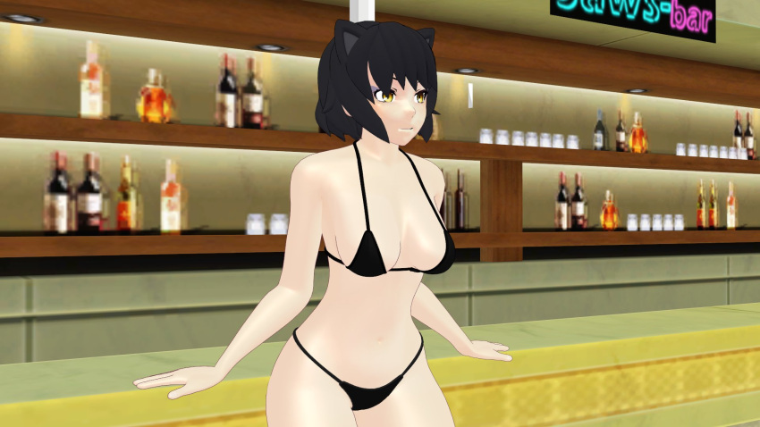 1girls bar_counter bikini bikini_bottom bikini_top black_hair black_hair_female blake_belladonna cat_ears faunus rwby theblackbirdcalls yellow_eyes