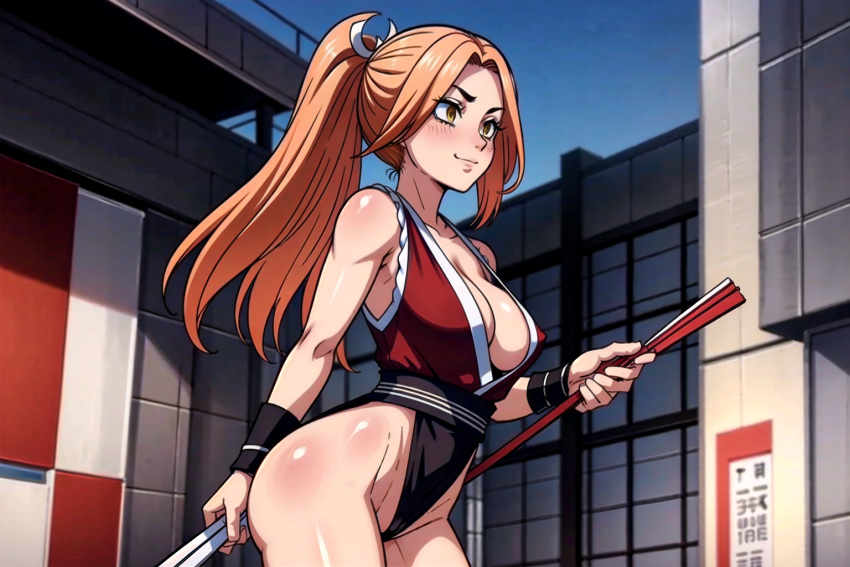 ai_generated cleavage cosplay fan king_of_fighters large_breasts long_hair mai_shiranui_(cosplay) orange_hair outdoors outside ponytail smile tokyo_revengers yuzuha_shiba