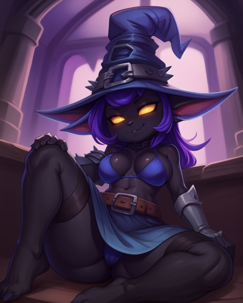 1girls ai_generated big_breasts breasts cameltoe clothed clothing curvy female female_only furry furry_only genderswap_(mtf) indoors league_of_legends legwear navel riot_games rocksolidart rule_63 shortstack skirt solo solo_female thick_thighs thighhighs veigal veigar wide_hips yordle