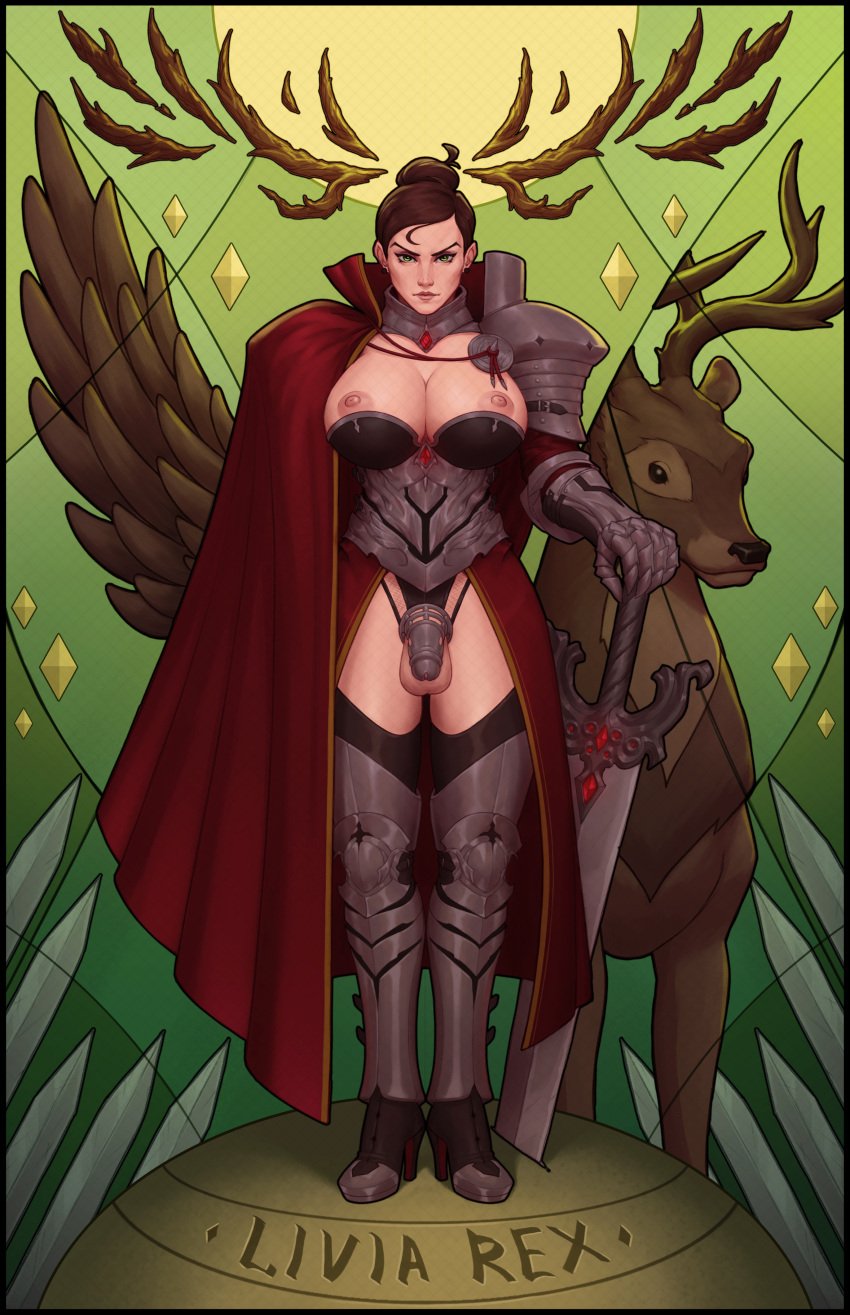 armor armored_boots balls cape chastity_cage cleavage commissioner_upload cuckold_horns earrings exposed_nipples eyeshadow futanari gauntlets gem green_eyes hair_bun huge_breasts intense_stare jodsy livia_(zero_one) pauldrons stag swollen_balls sword