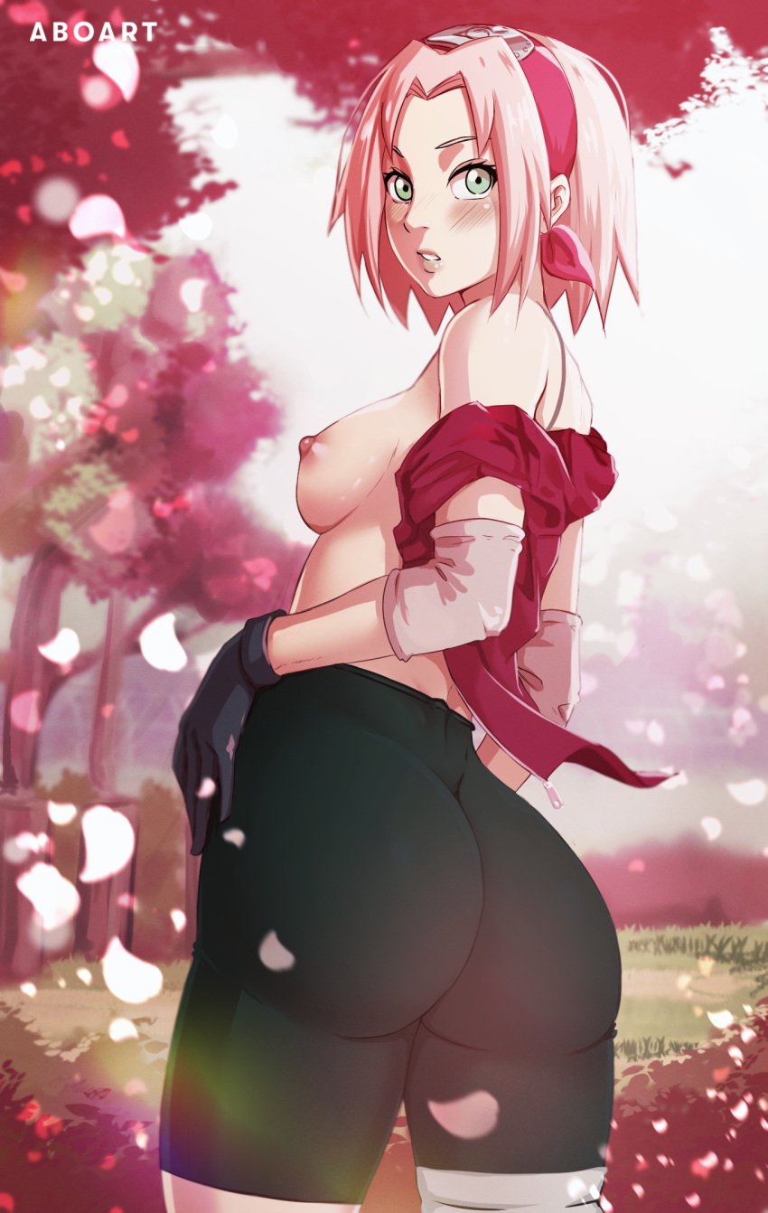 1girls aboart akobeul arm_sleeves ass bandages bare_shoulders bent_elbows biker_shorts black_gloves black_shorts breasts cherry_blossom clothing dat_ass erect_nipples female female_only flower_petals gloves grass green_eyes headband headwear high_resolution huge_ass large_ass looking_to_the_side naruto naruto_(series) naruto_shippuden nipples open_clothes open_shirt petals petite petite_body pink_background pink_hair pinup pinup_pose puffy_nipples round_ass sakura_haruno shirt short_hair shorts sideboob skin_tight small_breasts solo solo_female solo_focus spandex tight_bottomwear tight_clothes tight_clothing