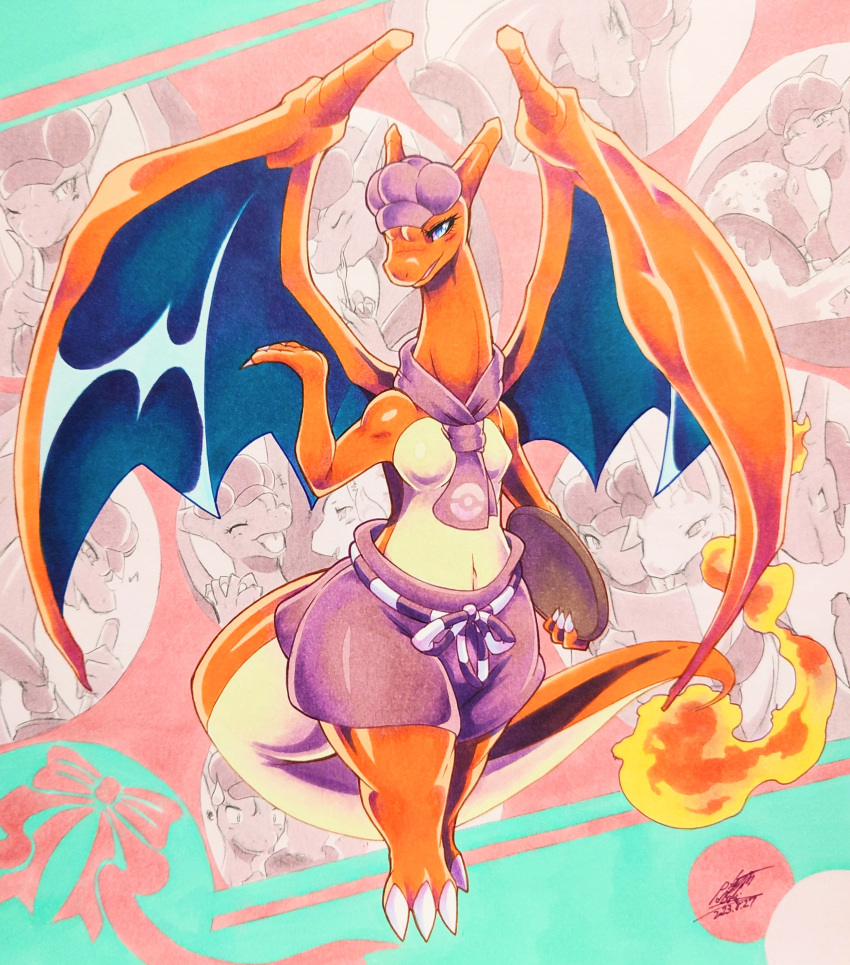 025aki 2023 ambiguous_gender blue_eyes blush blush_lines breasts charizard claws closed_eyes dated dragon dragon_girl dragon_horns dragon_tail dragon_wings equid equine eyelashes featureless_breasts female female_pokemon flame furry generation_1_pokemon horns looking_at_viewer medium_breasts membranous_wings musical_note navel one_eye_closed open_mouth orange_body pointy_breasts pokémon_(species) pokemon pokemon_(species) pokemon_cafe_mix rapidash signature sweatdrop tail tongue wings