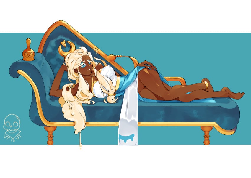 1girls biting_lip black_body blonde_female blonde_hair blonde_hair_female blue_eyes chair cheese cookie cookie_run cookie_run_kingdom dark_skin eye_contact feet female gold_(metal) hand_on_ass laying_down laying_on_bed mozzarella_cookie nail_polish nipple_outline pussy short_eyebrows smug smug_face smug_grin soft solo thick_thighs thighs vt_is_vt