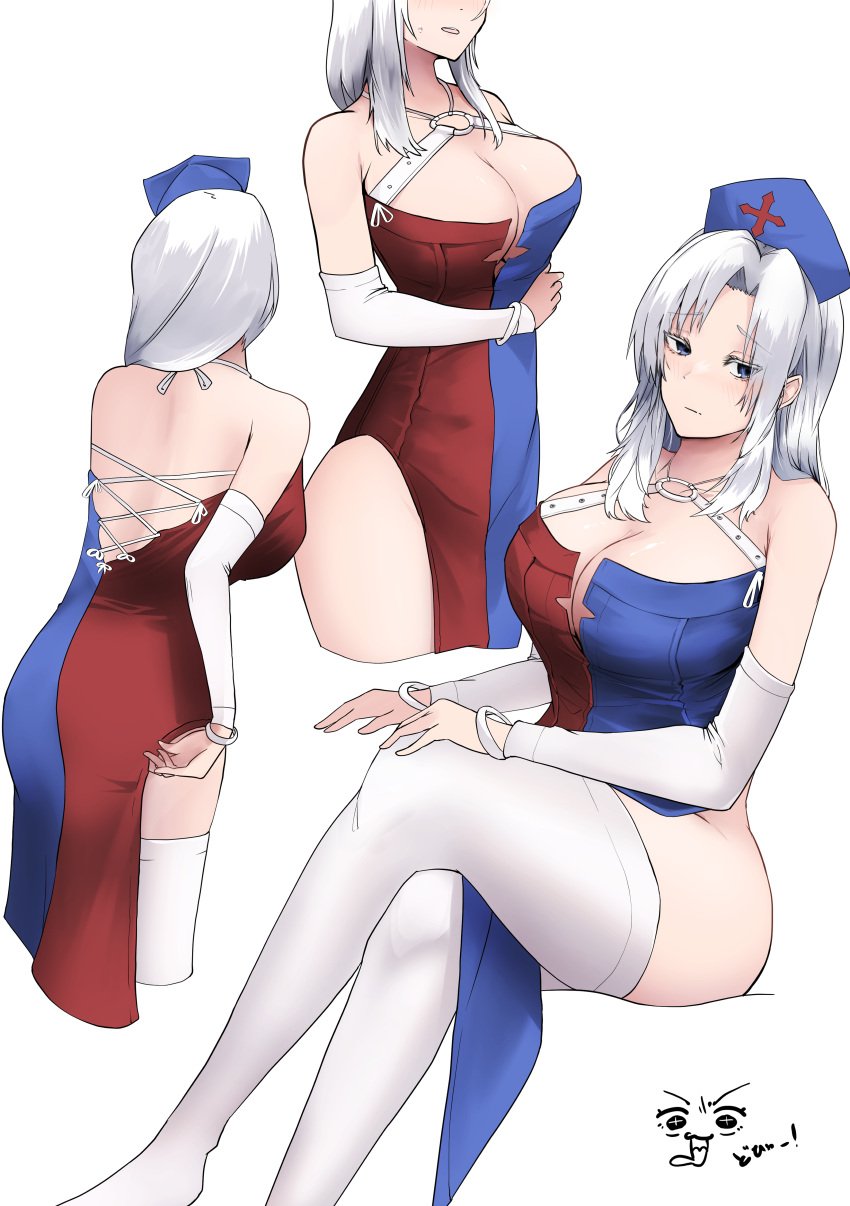 absurdres ass bare_shoulders blue_dress blue_eyes blue_headwear blush breasts cleavage closed_mouth collarbone detached_sleeves dress eirin_yagokoro female grey_hair hat highres large_breasts long_hair multicolored_clothes multicolored_dress multiple_views nurse_cap open_mouth red_dress thighhighs thighs touhou two-tone_dress white_thighhighs yagokoro_eirin yagoro_kusuriya