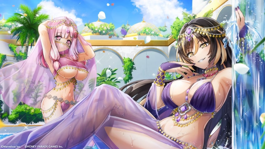 2girls amadea_wolfa belly_dancer belly_dancer_outfit black_hair blonde_hair dolphin_wave harem harem_girl harem_outfit harem_pants huge_breasts jewelry long_hair multicolored_hair nacht_(dolphin_wave) ootomo_takuji pink_hair standing_in_water underboob voluptuous waterfall