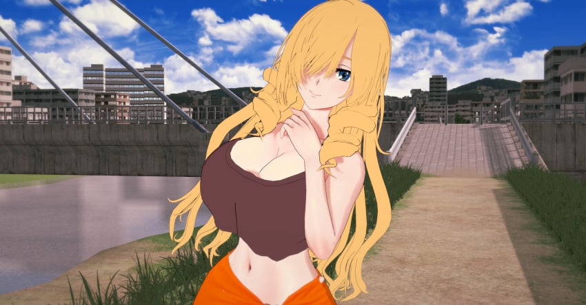 1girls 3d big_breasts blonde_hair blue_eyes breasts busty drill_hair female female_only hair_over_one_eye highres large_breasts mature mature_female mature_woman midriff mouth_hold navel official_alternate_costume oriana_thompson sarong smile solo tank_top to_aru_majutsu_no_index voluptuous