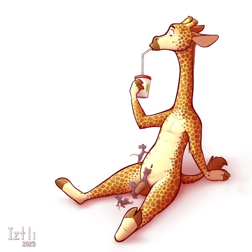 1:1 anthro anthro_on_anthro balls beverage biped countershade_torso countershading eyebrows flaccid foreskin genitals giraffe giraffid group hi_res holding_beverage holding_object hooves horn humanoid_genitalia humanoid_penis interspecies iztli long_neck male male/male mammal murid murine navel ossicone penis rat rodent simple_background sitting size_difference tail tail_tuft tuft white_background