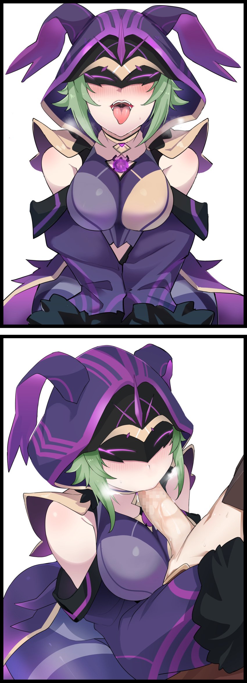 1boy 1boy1girl 1girls aether_(genshin_impact) big_breasts blush clothing electro_cicin_mage_(genshin_impact) fatui fellatio genshin_impact green_hair hoodie mask open_mouth short_hair steam thick_thighs