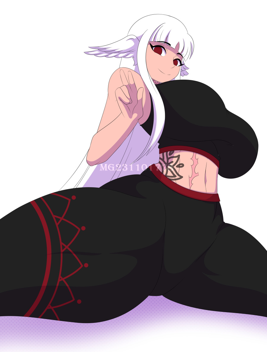 big_breasts black_bra black_pants huge_thighs m.grace mg231101778 oc original_character peace_sign red_eyes scar_on_stomach smiling smiling_at_viewer splits sports_bra tattoo_on_side thick_thighs thigh_focus watermark white_background white_hair wing_ears