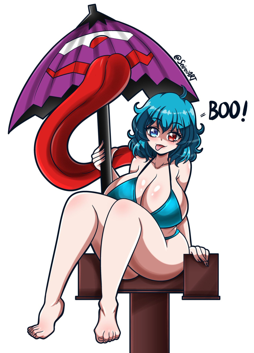 1girls artist_name big_breasts bikini blue_eyes blue_hair breasts cleavage cute cute_face feet heterochromia kogasa_tatara light-skinned_female red_eyes seireiart sideboob silly_face sitting solo solo_female text thick_thighs thighs tongue_out touhou umbrella watermark white_background youkai