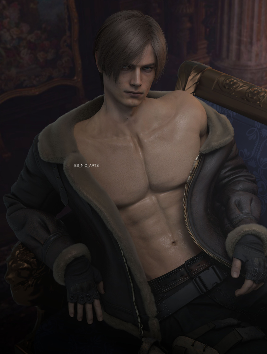 3d 3d_(artwork) 3d_model abs blonde_hair blue_eyes capcom es_nio_arts_(artist) handsome hunk jacket_open lean_body lean_muscles leon_scott_kennedy looking_at_viewer male male_focus male_only male_pov masculine pecs resident_evil resident_evil_4 resident_evil_4_remake solo solo_focus solo_male stern_expression stud