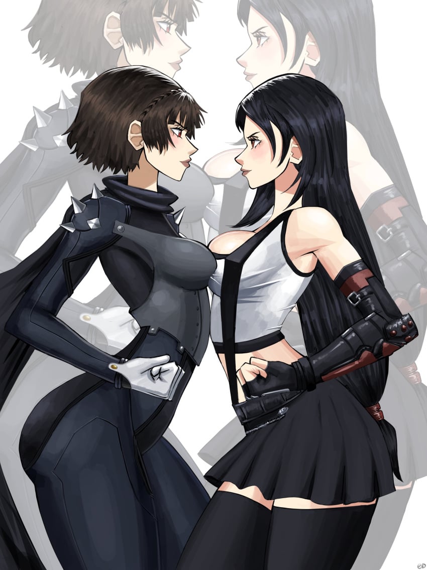 2girls atlus black_thighhighs breasts catfight challenging chaosoded crossover female female_only final_fantasy final_fantasy_vii lipstick makoto_niijima persona persona_5 phantom_thief_suit red_eyes skirt staredown thighhighs tifa_lockhart titfight trait_connection