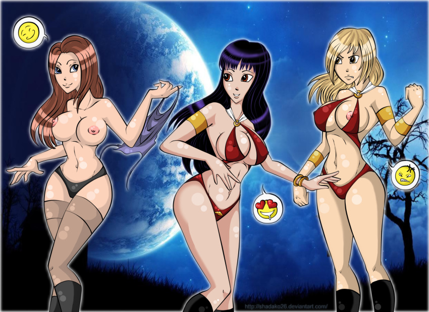 3girls black_hair blonde_hair brown_hair buffy_summers buffy_the_vampire_slayer cosplay crossover dawn_summers moon nipple_slip nipples shadako26 skimpy_clothes the_buffyverse topless_female vampire vampirella vampirella_(cosplay)