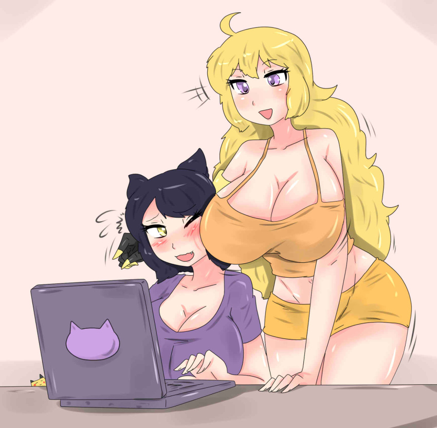 2girls black_hair black_hair_female blake_belladonna blonde_female blonde_hair breasts_against_head cat_ears faunus fjtiko laptop long_hair long_hair_female multiple_girls purple_eyes robotic_arm rwby yang_xiao_long yellow_eyes zronku