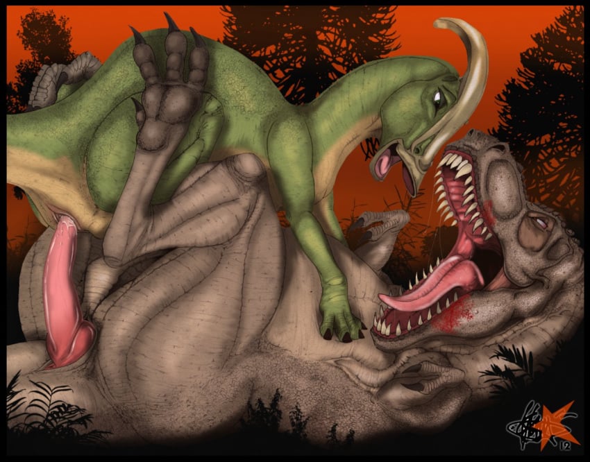 anthro dinosaur duck-billed feral klaus klaus_doberman non predator/prey scalie sex tyrannosaurus_rex