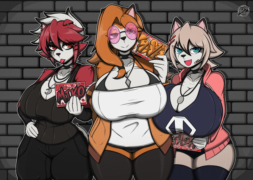 2024 2d 2d_(artwork) 3girls 5_fingers anthro anthro_only anthrofied beige_hair big_breasts big_thighs black_bra blue_eyes breasts choker cleavage clothing dusk_lycanroc faye_(zak_hitsuji) female female_focus female_only fully_clothed furry furry_female furry_only glasses green_eyes hi_res highres hips hourglass_figure huge_breasts large_breasts large_thighs leggins looking_at_viewer lycanroc midday_lycanroc midnight_lycanroc miko_(zak_hitsuji) necklace nintendo orange_hair pokémon_(species) pokemon red_eyes red_fur red_hair sign skindentation spiked_collar sunglasses thea_(zak_hitsuji) thick_thighs thighhighs thighs tight_clothing tongue tongue_out white_fur white_hair wide_hips zak_hitsuji