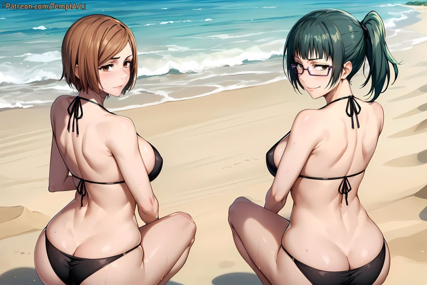 2girls ai_generated artist_name ass ass_focus back_muscles bare_shoulders beach big_ass bikini bikini_bottom bikini_top breasts brown_eyes brown_hair butt_crack curvaceous curvy_figure female female_only from_behind glasses green_hair huge_ass jujutsu_kaisen kugisaki_nobara light-skinned_female light_skin long_hair looking_at_viewer looking_back multiple_girls nai_diffusion outdoors pale-skinned_female pale_skin patreon_username ponytail seashell seaside sitting_on_person skimpy skimpy_bikini stable_diffusion swimsuit temptart url watermark web_address yellow_eyes zenin_maki