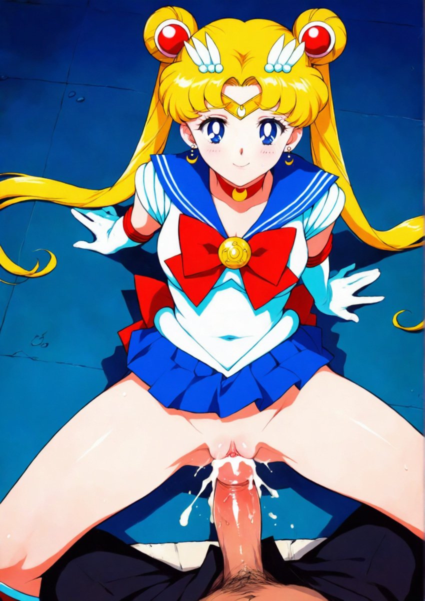 1boy ai_generated bishoujo_senshi_sailor_moon blonde_hair blue_eyes blue_sailor_collar blue_skirt blush clitoris clothed_sex clothing cum cum_in_pussy diadem double_bun female magical_girl pubic_hair retro_ai_ecchi_dude sailor_moon skirt small_breasts uncensored usagi_tsukino