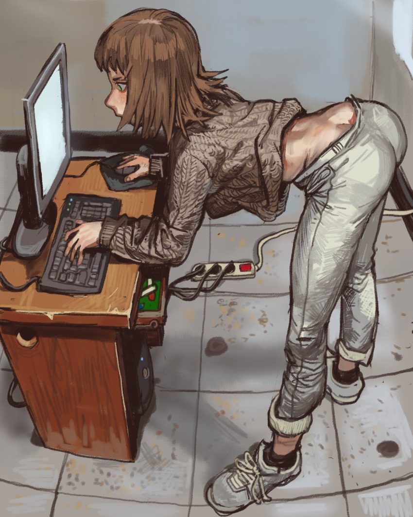 1girls ass brown_hair computer female female_only history_teacher_(lowgradef) leaning_forward long_sleeves lowgradef_(copyright) mossa original_character pants short_hair solo solo_female sweater tagme