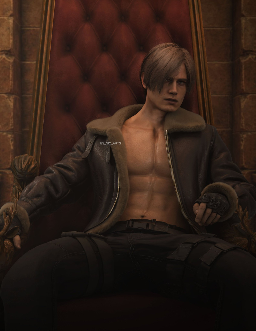 3d 3d_(artwork) 3d_model abs blonde_hair blue_eyes capcom es_nio_arts_(artist) handsome hunk jacket_open lean_body lean_muscle leon_scott_kennedy looking_at_viewer male male_focus male_only masculine pecs resident_evil resident_evil_4 resident_evil_4_remake sitting solo solo_focus solo_male stud