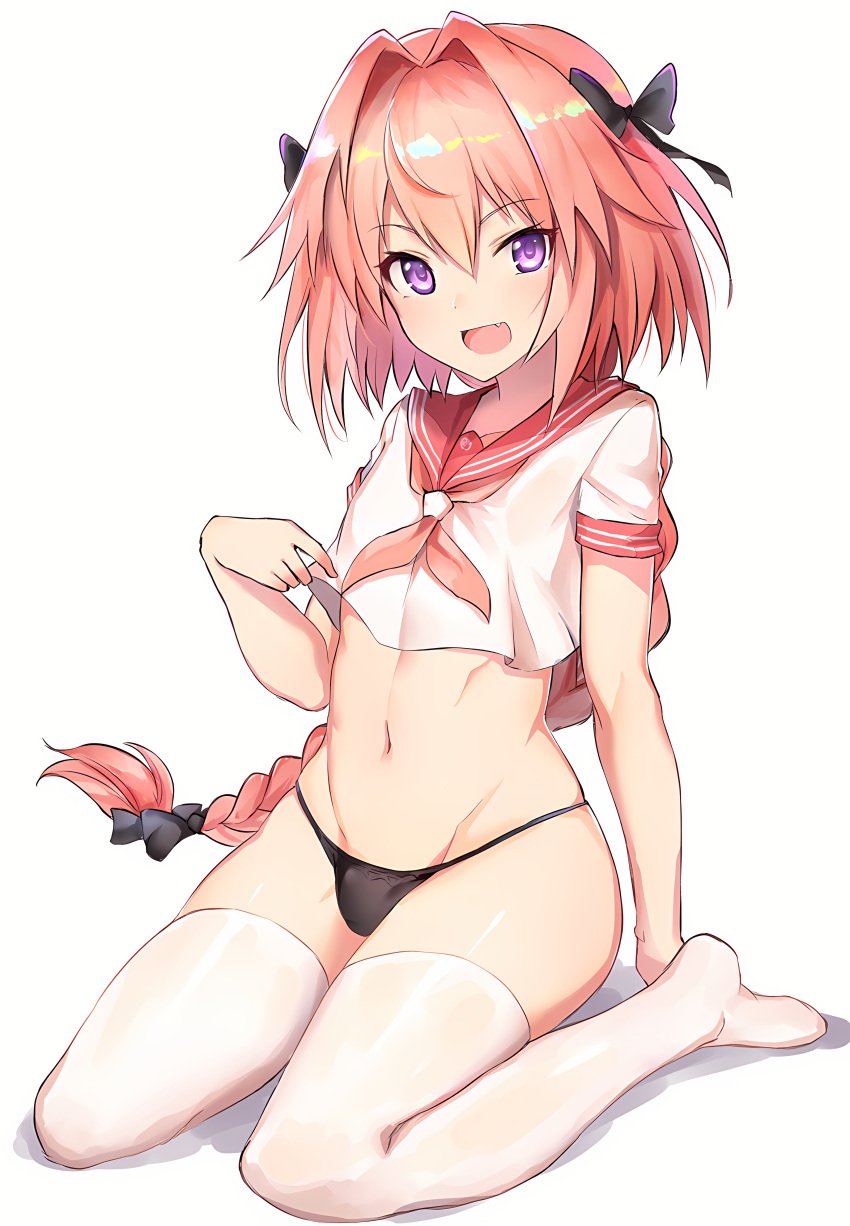 1boy astolfo_(fate) black_panties braid bulge crossdressing fate/grand_order fate_(series) femboy hair_ribbon hi_res highres looking_at_viewer luse_maonang male pink_hair purple_eyes red_potato_rinrin sitting small_penis smile smiling thighhighs trap white_background