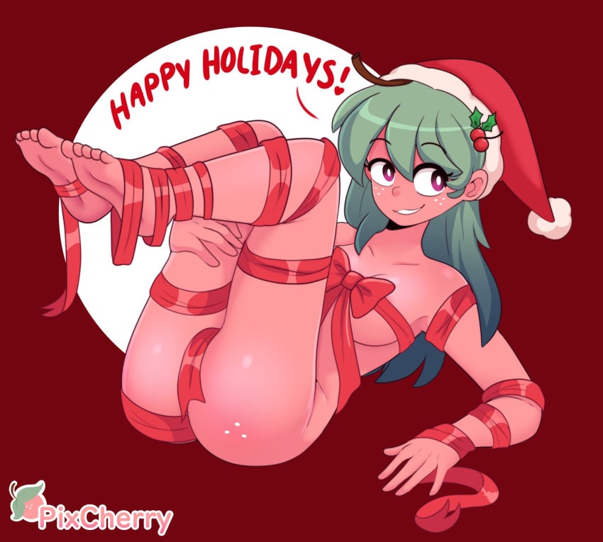 1girls 2020 2d 2d_(artwork) alternate_version_available ass breasts cherry_(cherrypix) cherrypix christmas christmas_hat covered_nipples covering_crotch feet_up female female_only green_hair holidays holly_(plant) human laying_on_back long_hair nearly_nude no_visible_genitalia original_character purple_eyes santa_hat solo wrapped