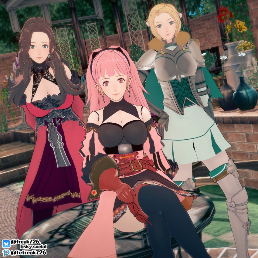 3d 3girls armor arms_behind_back bangs bare_thighs blonde_hair boots breasts brown_hair cleavage confident crossed_legs dorothea_arnault dress earrings fefreak726 female female_only fire_emblem fire_emblem:_three_houses flower green_eyes hand_on_own_hip hilda_valentine_goneril ingrid_brandl_galatea large_breasts medium_breasts multiple_girls nintendo outdoors pink_eyes pink_hair ponytail post-timeskip raised_eyebrow short_hair sitting skirt smile thigh_boots thighs vase