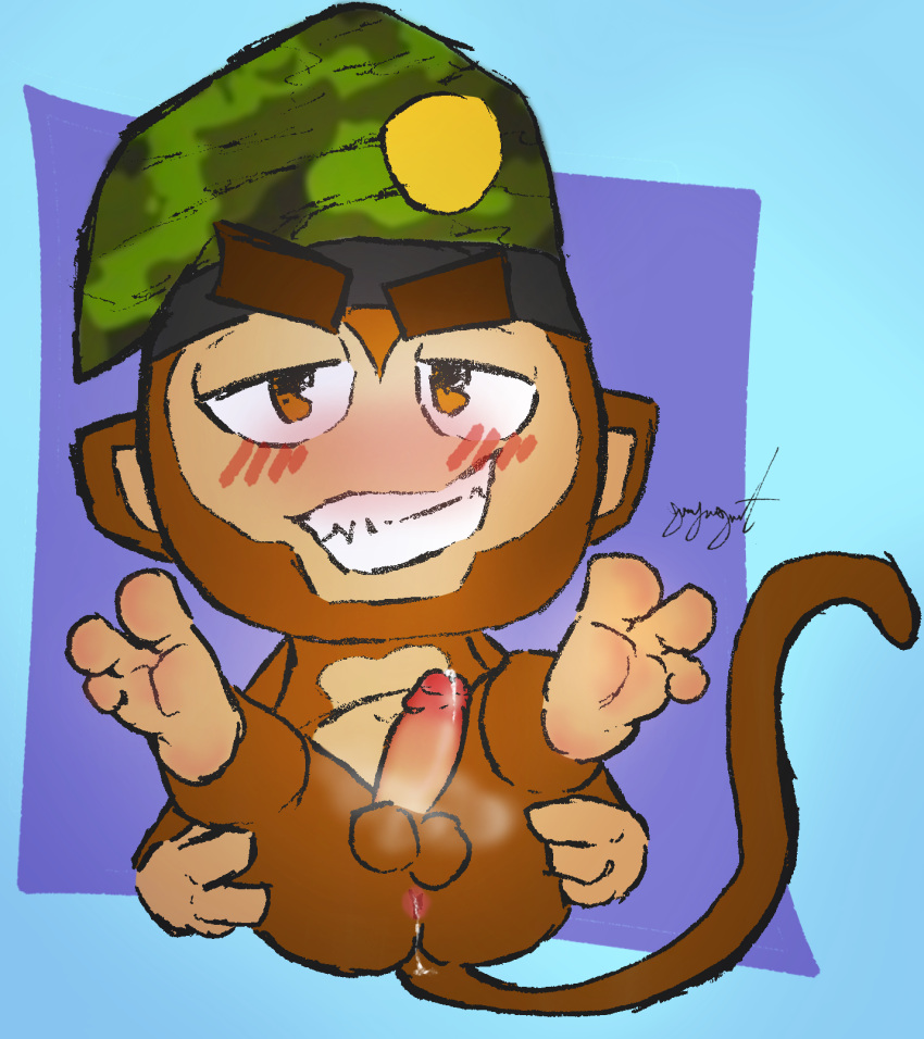 anthro ass beret bloons_tower_defense blush bodily_fluids clothing cum cum_from_ass cum_in_ass cum_inside dripping feet foot_fetish foot_focus gaygoat genital_fluids grin haplorhine hat headgear headwear hi_res male mammal monkey ninja_kiwi presenting presenting_hindquarters primate smile sniper_monkey