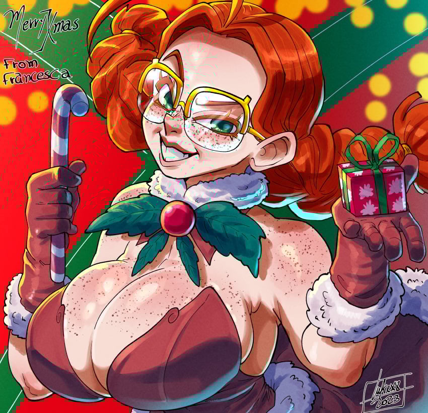 candy_cane christmas cleavage female female_focus female_only francesca_faraday freckles freckles_on_breasts freckles_on_face fully_clothed glasses lukex8a present smile