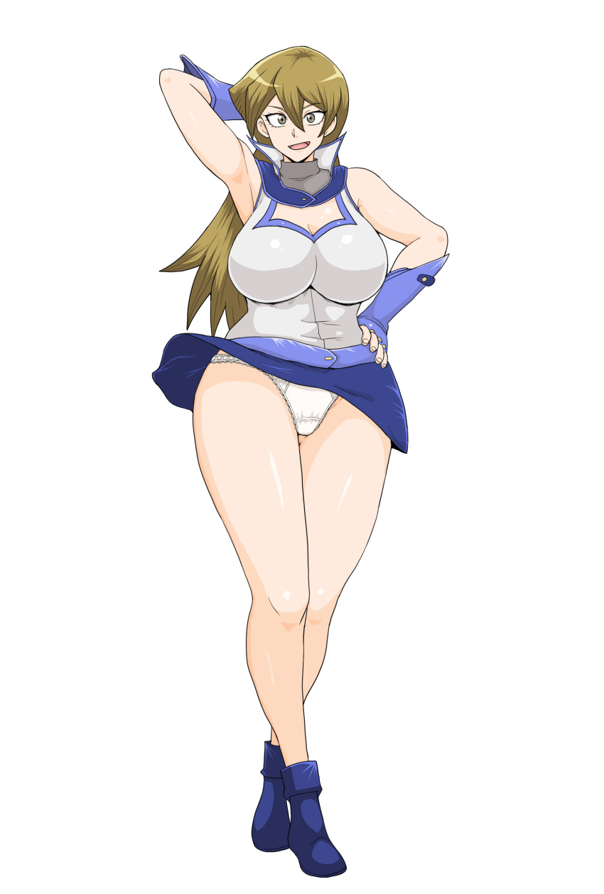 alexis_rhodes big_breasts blonde_hair blue_shoes blue_skirt exposed_panties female full_body large_breasts maeharasan panties skirt skirt_lift skirt_up thighs underwear wardrobe_malfunction white_panties windy windy_skirt yu-gi-oh! yu-gi-oh!_gx