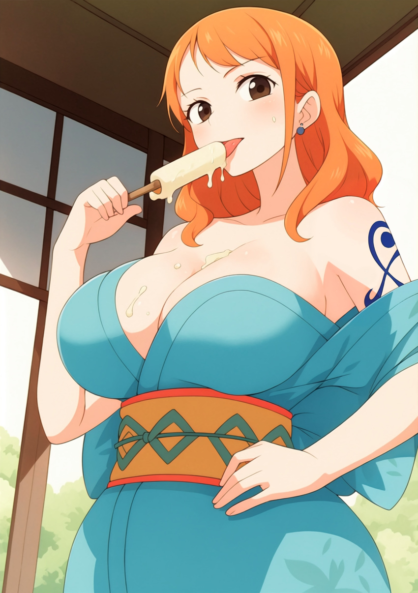 ai_generated breasts brown_eyes cleavage female female_only huge_boobs huge_breasts ice_cream ice_cream_drip ice_cream_on_breasts jorgecarlosai lolipop long_hair nami nami_(one_piece) one_piece orange_hair post-timeskip tattoo