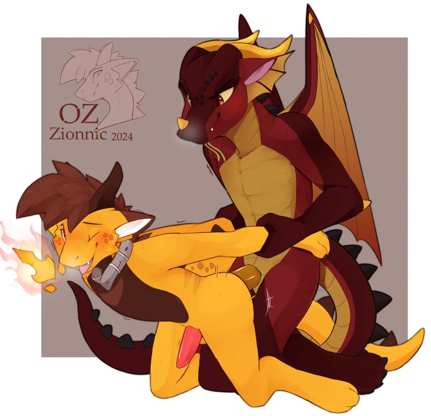 2024 anal anal_sex animal_genitalia anthro arm_pull artist_name ass back_spikes back_tuft balls belly bent_over blush blush_lines border breath breath_powers brown_belly brown_ear_tips brown_hair dipstick_ears dominant dominant_male dragon dragon_wings duo ear_markings ears_back elemental_manipulation erection facial_spikes fangs fire fire_breathing fire_manipulation frill_(anatomy) from_behind_position front_view genital_slit genitals grabbing_both_arms hair hi_res horn kaida_(zionnicoz) kneeling kneeling_sex looking_at_another looking_at_partner looking_pleasured male male/male male_penetrated male_penetrating male_penetrating_male motion_lines multicolored_ears mythological_creature mythological_scalie mythology nose_spike nude one_eye_closed orange_penis penetration penile penile_penetration penis penis_in_ass pink_penis pivoted_ears portrait prison_guard_position red_body red_eyes scales scalie sex simple_background smile spiked_tail spikes spikes_(anatomy) spiky_hair submissive submissive_male tail tapering_tail teeth three-quarter_portrait thrusting tongue tongue_out tuft ventral_scales watermark white_border winged_dragon wingless_dragon wings yellow_belly yellow_body zionnicoz