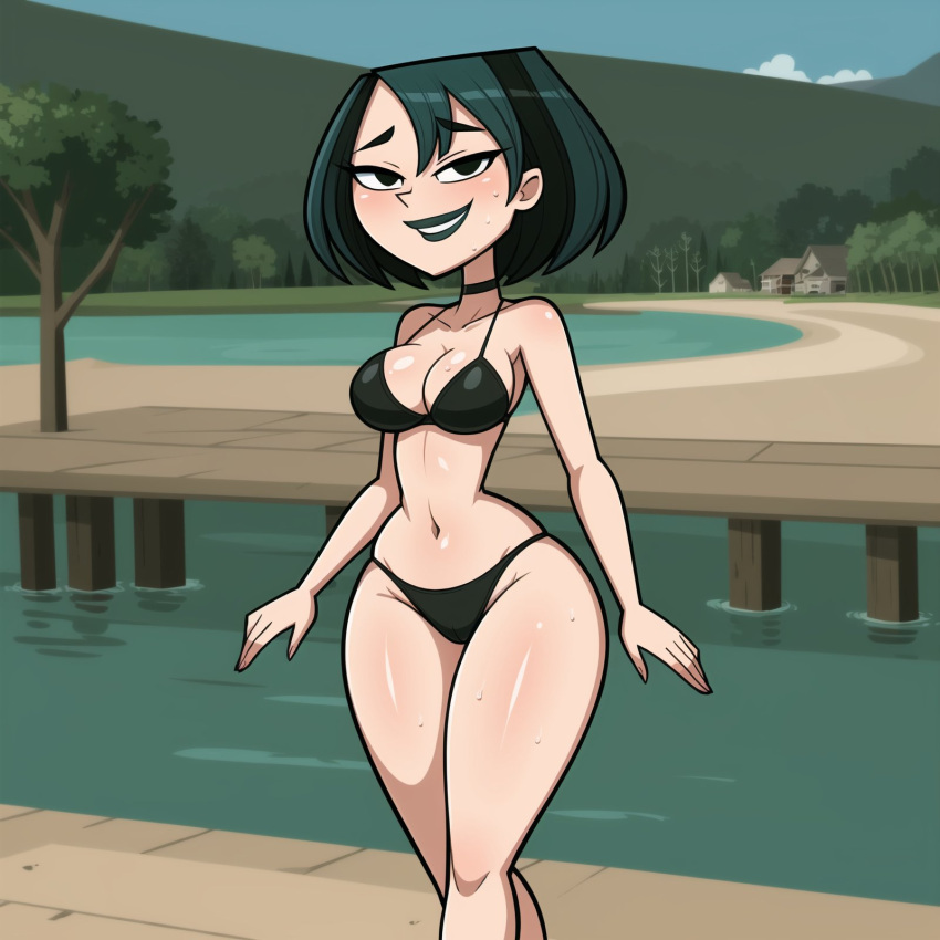 ai_generated big_hips big_thighs bikini black_bikini blue_hair blue_lipstick blush breasts cartoon_network cats62 cleavage female female_focus female_only gwen_(tdi) short_hair smile smiling standing_sex swimsuit thick_thighs thighs total_drama_island walking wide_hips