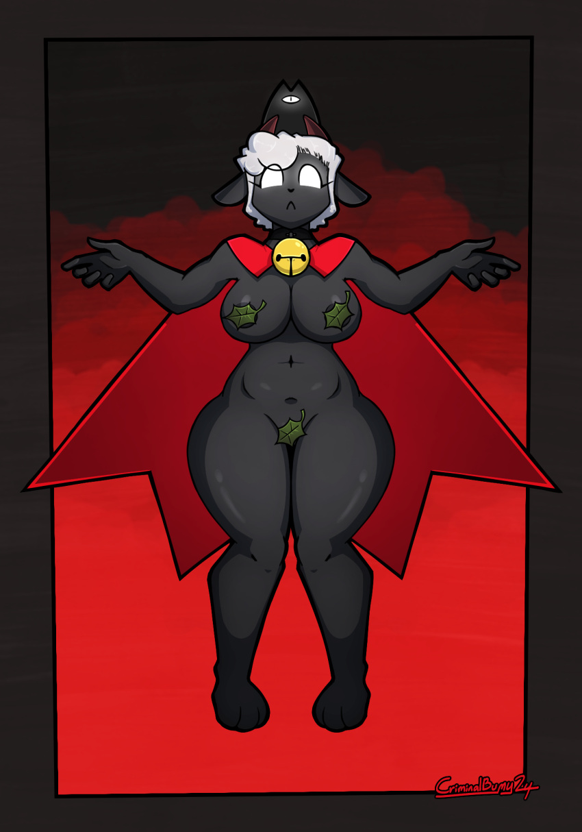 anthro bell bell_collar black_body black_nipples border bovid breasts cape cape_only caprine censored censored_genitalia clothing collar criminalbunnydraws crown cult_of_the_lamb curled_hair eyelashes female floating genitals glowing glowing_eyes hair headgear hi_res horn jingle_bell jingle_bell_collar leaf leaf_on_crotch mammal mostly_nude nipples pussy sheep short_hair short_horn slightly_chubby small_horn solo thick_thighs white_eyes white_hair wide_hips