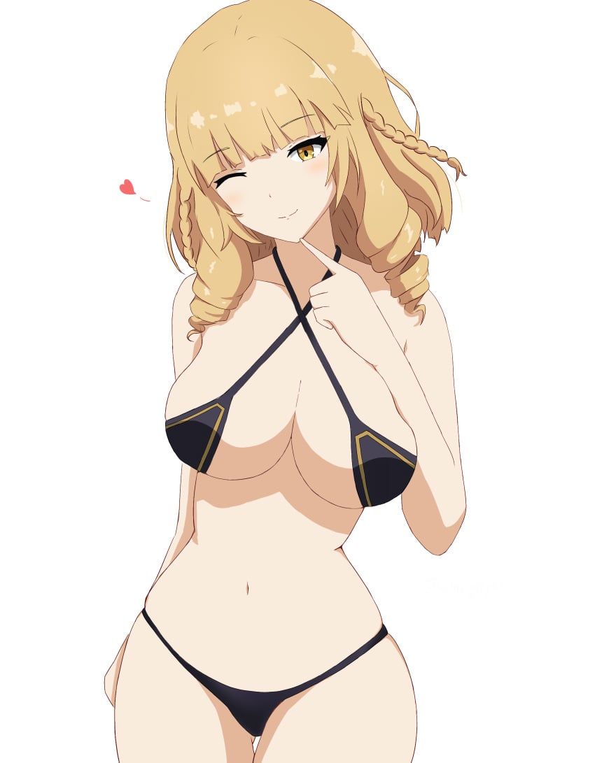 1girls big_breasts bikini black_bikini blonde_hair breasts busty curvy drill_hair female female_only heart highres index_finger_raised kage_no_jitsuryokusha_ni_naritakute! large_breasts legs looking_at_viewer navel one_eye_closed rose_oriana short_hair smile solo swimsuit the_eminence_in_shadow thick_thighs thighs underboob voluptuous wink yellow_eyes