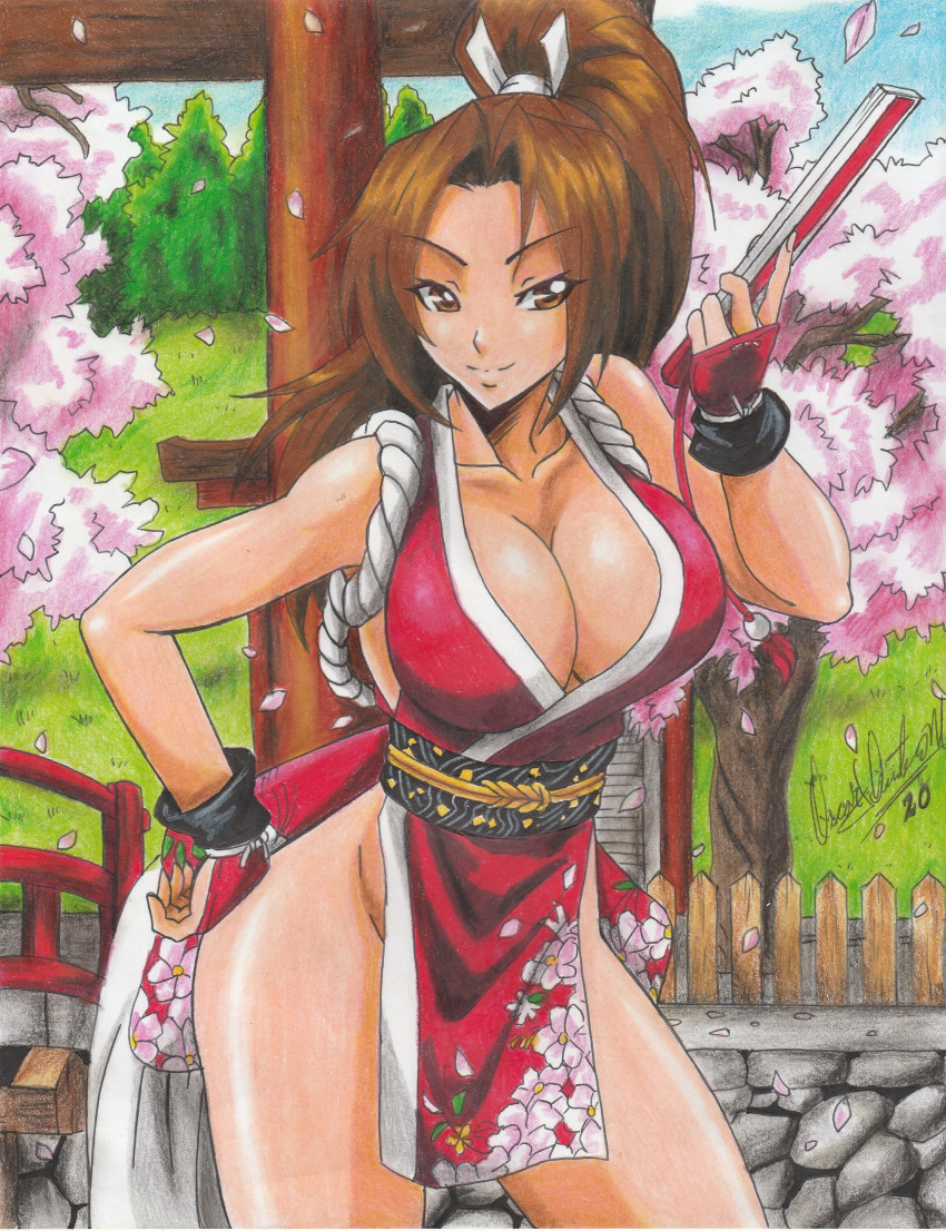 2020 absurdres bare_shoulders breasts brown_eyes brown_hair cherry_blossoms cleavage collarbone fatal_fury female female_focus fingerless_gloves gloves hair_ornament hand_fan hand_on_own_hip highres holding holding_fan king_of_fighters large_breasts long_hair mai_shiranui matching_hair/eyes ninja no_bra no_panties outdoors pelvic_curtain ponytail ravern_clouk sleeveless smile snk solo thick_thighs thighs traditional_media tree