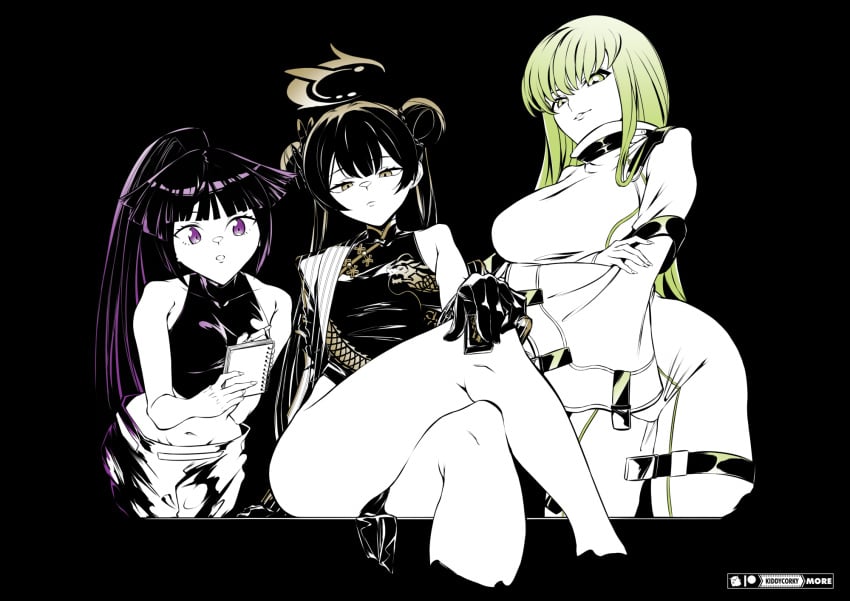 3girls akatsuki_(log_horizon) bangs bare_shoulders black_dress black_gloves black_hair blue_archive blunt_bangs bodysuit breasts c.c. china_dress chinese_clothes closed_mouth clothing coat code_geass cosplay crop_top crossed_arms crossed_legs crossover double_bun dress female flat_chest gloves green_eyes green_hair hair_bun halo highres holding kiddycorky kisaki_(blue_archive) large_breasts leaning_forward log_horizon long_hair long_sleeves looking_at_viewer midriff monochrome multiple_girls navel nexon open_mouth pants parted_lips ponytail purple_eyes purple_hair sitting sleeveless smile solo standing straitjacket thighhighs thighs tied_hair very_long_hair white_bodysuit wide_sleeves yellow_eyes