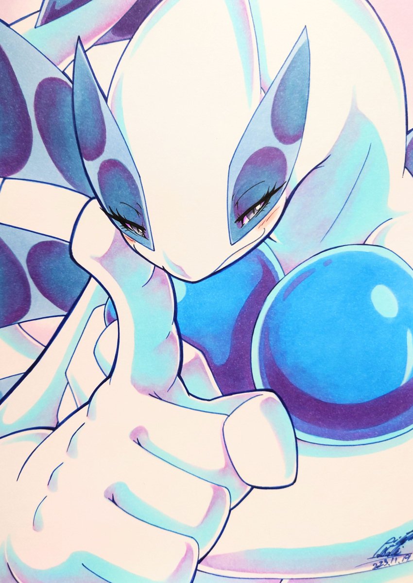 025aki 1girls 2023 abstract_background big_breasts blue_eyes blush blush_lines breasts dated eyelashes featureless_breasts female female_only female_pokemon furry furry_only generation_2_pokemon half-closed_eyes huge_breasts legendary_pokémon legendary_pokemon looking_at_viewer lugia navel open_mouth pokémon_(species) pokemon pokemon_(species) pokemon_gsc signature white_body