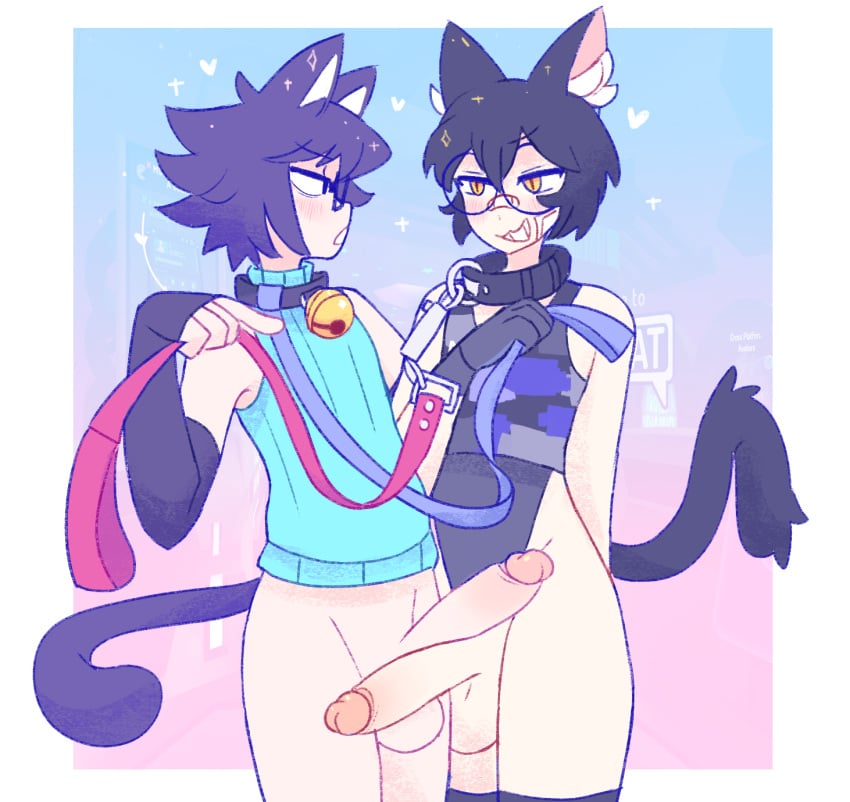 2boys amaruu arm_warmers armwear balls bandaid bandaid_on_face bandaid_on_nose bell bell_collar black_hair blush bottomless cat_tail catboy duo duo_focus eyewear femboy gay gero_(amaruu) gloves hi_res hung_femboy hung_trap leash light-skinned_male male male_only one_piece_swimsuit original original_character penis penis_touching pet_play round_glasses smug swimsuit twink yaoi