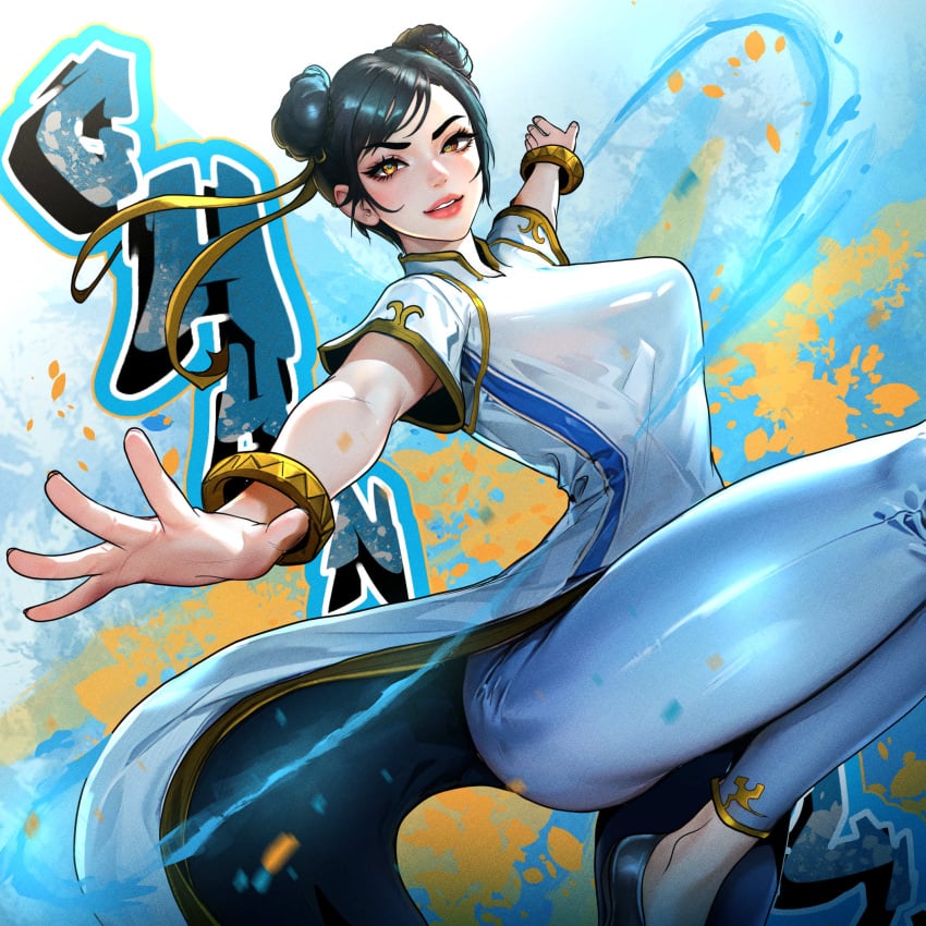 1girls 2024 bent_leg black_hair capcom chun-li female female_only hair_buns hi_res looking_at_viewer orange_eyes pose solo standing_on_one_leg stasis_mk3 street_fighter street_fighter_6 twin_buns