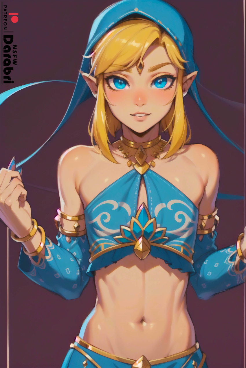 1boy abs absurd_res ai_generated beige_skin blonde_hair blue_eyes blush breath_of_the_wild colored crop_top crossdressing cute cute_male darabri detached_sleeves detailed egyptian_clothes elf_ears femboy feminine_male flushed gerudo gerudo_link gerudo_top girly gradient_background happy jewelry link link_(breath_of_the_wild) logo long_hair looking_at_viewer male male_only navel necklace otoko_no_ko parted_lips patreon patreon_logo pointy_ears pov shoulders simple_background slim slutty_clothing slutty_outfit smile solo solo_focus teeth_showing the_legend_of_zelda the_legend_of_zelda:_breath_of_the_wild thin_waist toned trap veil