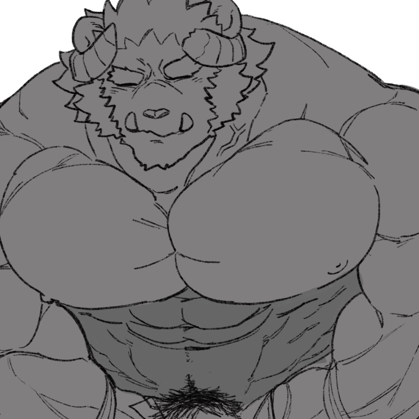 1boy abs anon_1015 anthro blush eyebrows genitals hi_res horn krampus_(tokyo_afterschool_summoners) lifewonders male male_only muscular muscular_anthro muscular_male nipples nude pecs penis penis_base pubes scar solo thick_eyebrows tokyo_afterschool_summoners