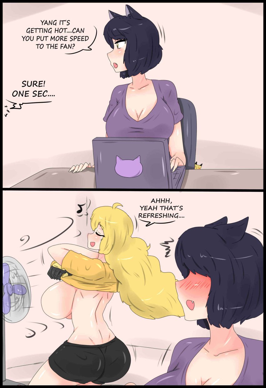 2girls black_hair black_hair_female blake_belladonna blonde_female blonde_hair blushing_profusely breasts cat_ears clothed_female fan fjtiko lifting_shirt multiple_girls rwby shirt_lift sideboob yang_xiao_long yellow_eyes zronku