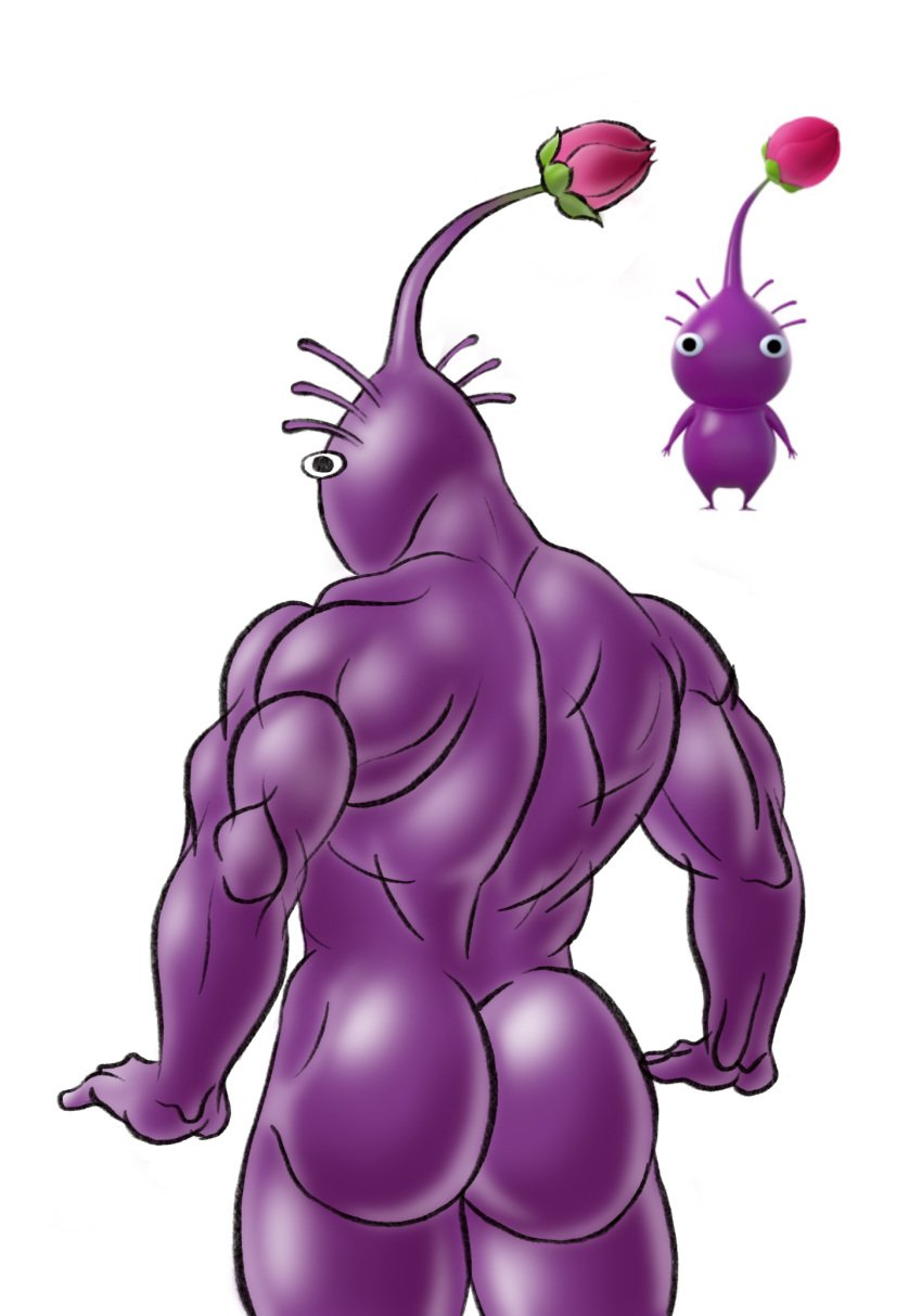 1boy artist_request back_muscles bara big_ass bubble_butt facing_away hybrid male male_only muscular muscular_male no_mouth no_nose non-human pikmin pikmin_(species) purple_body purple_pikmin purple_skin solo solo_male tagme white_background