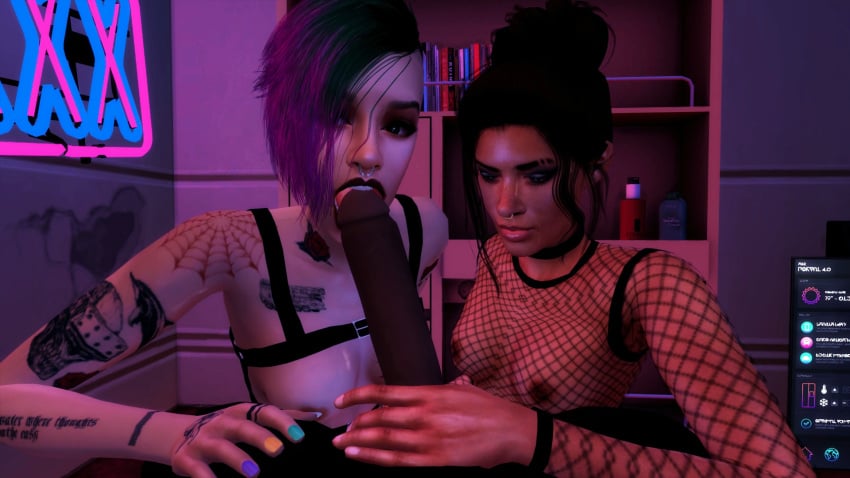 1boy 2girls 3d blowjob cyberpunk cyberpunk_2077 dark-skinned_male hooker interracial joytoy judy_alvarez light-skinned_female prostitute prostitution sims sims4 threesome